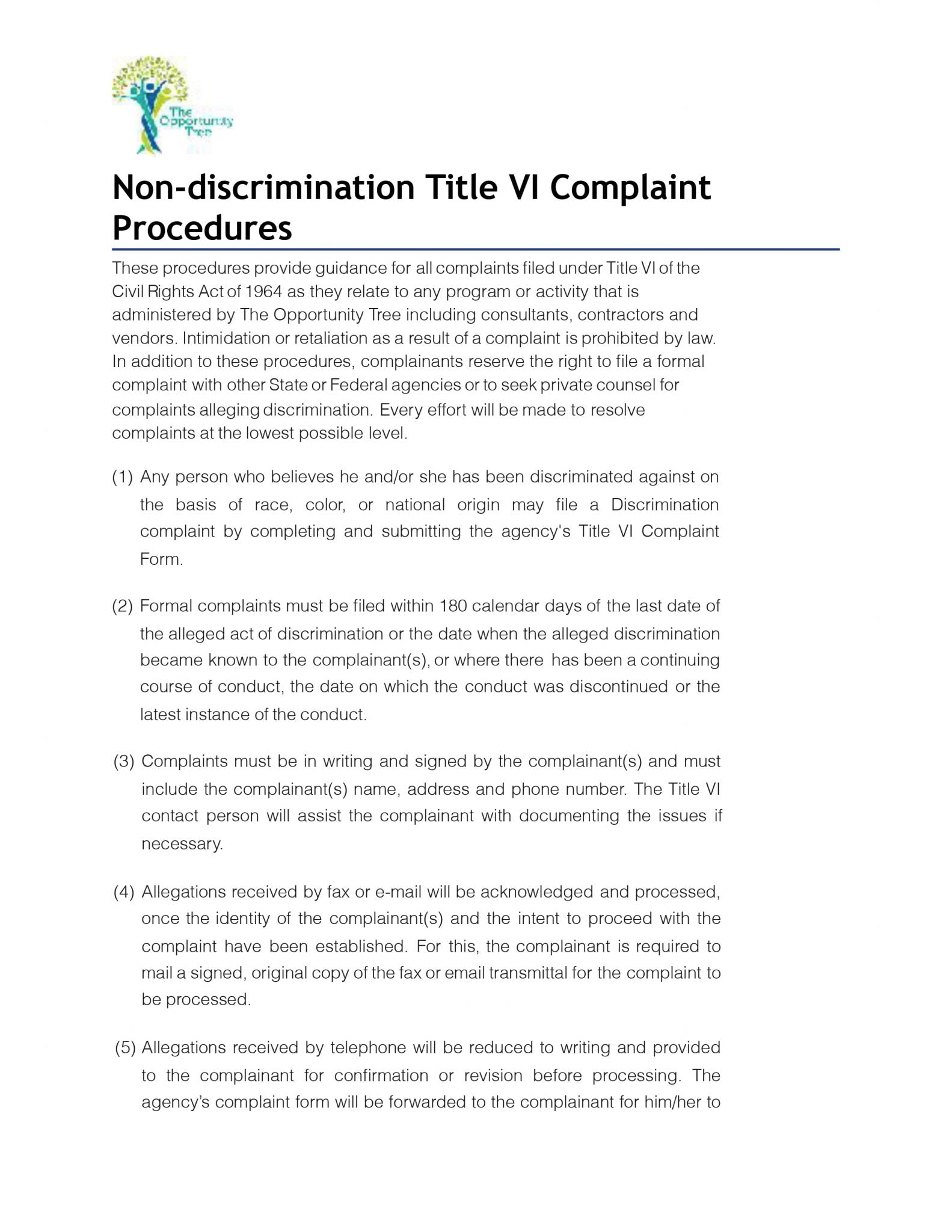 Title VI Program Plan The Opportunity Tree